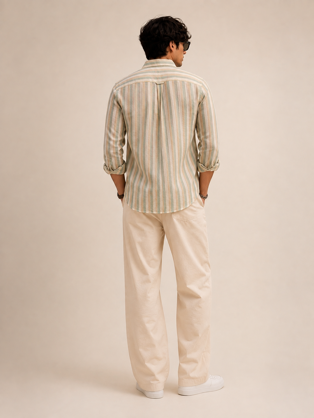 Men Green Vertical Striped Long Sleeve Shirt