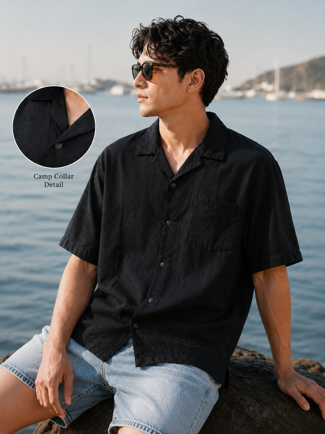 Men Black Textured Camp Collar Shirt