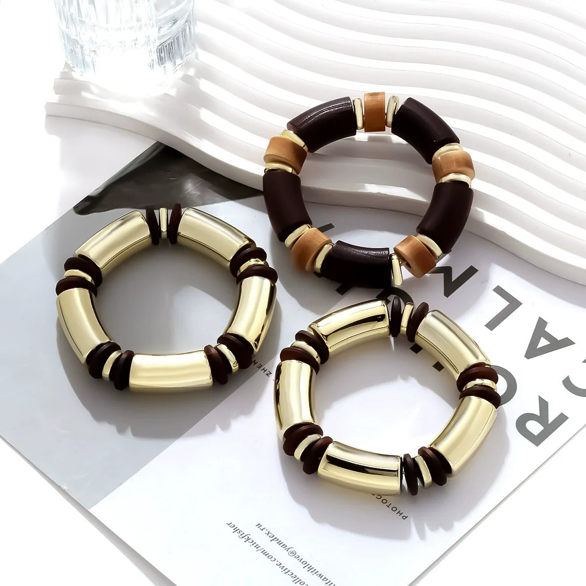 Bold Luxe Barrel Bead Bracelet Gold Earthy Brown Design