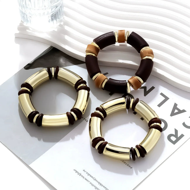 Bold Luxe Barrel Bead Bracelet Gold Earthy Brown Design