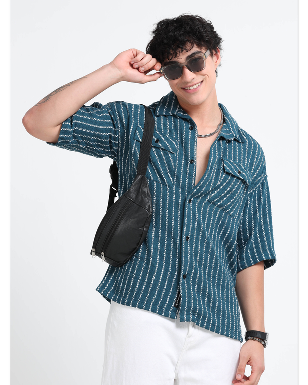 Men Striped Short Sleeve Casual Drop Shoulder Shirt