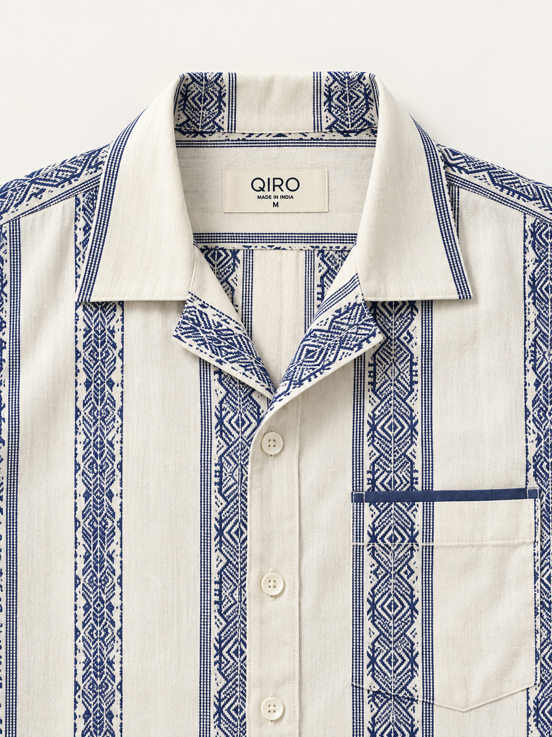 Men Cream & Navy Ethnic Stripe Cuban Collar Shirt