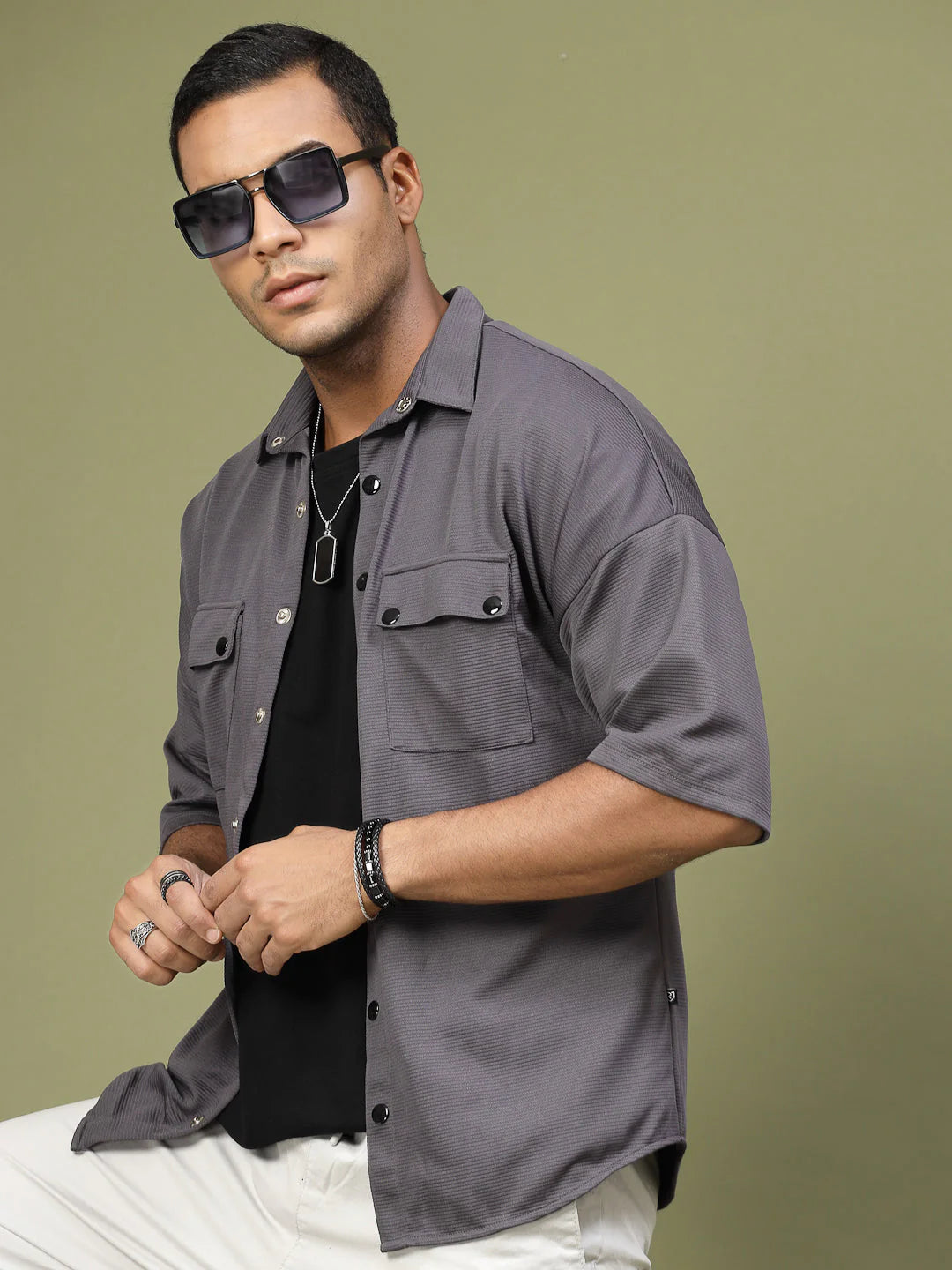 Men Oversized Utility Polyester Shirt
