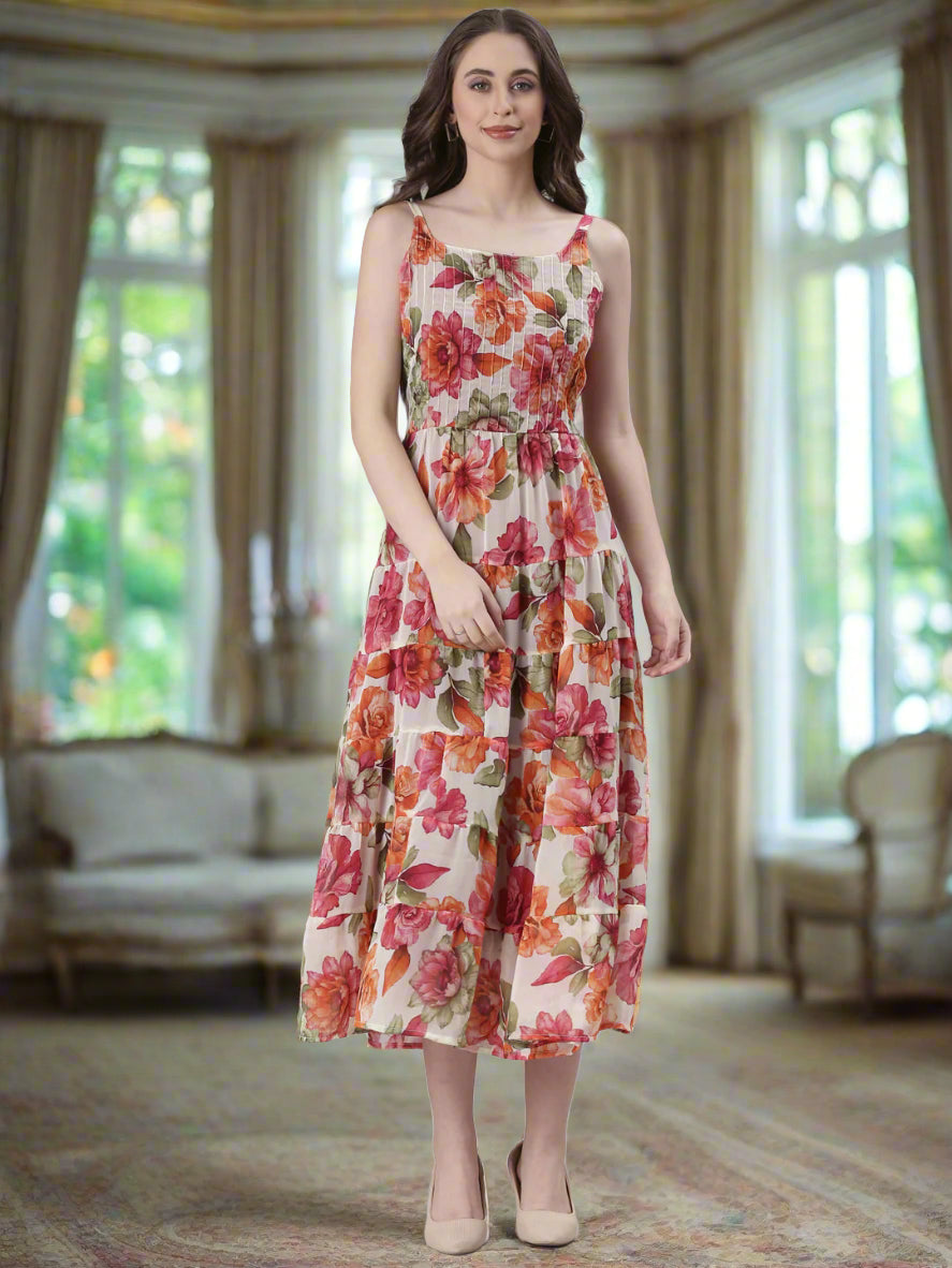 Women Cream Floral Print Tiered Dress