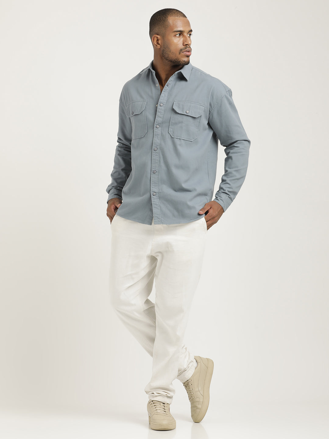 Men Cotton Shirt with Double Pockets