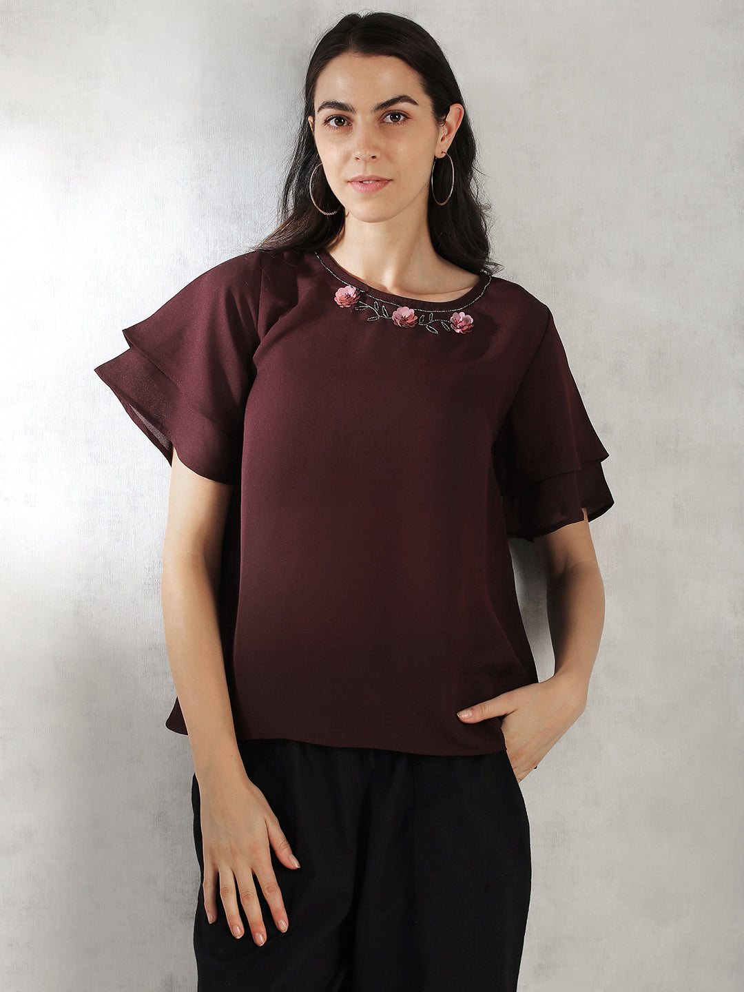 Women Maroon Regular Fit Tops