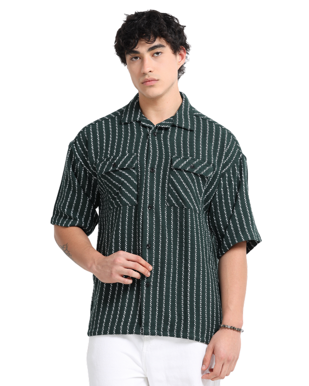 Men Striped Short Sleeve Casual Drop Shoulder Shirt