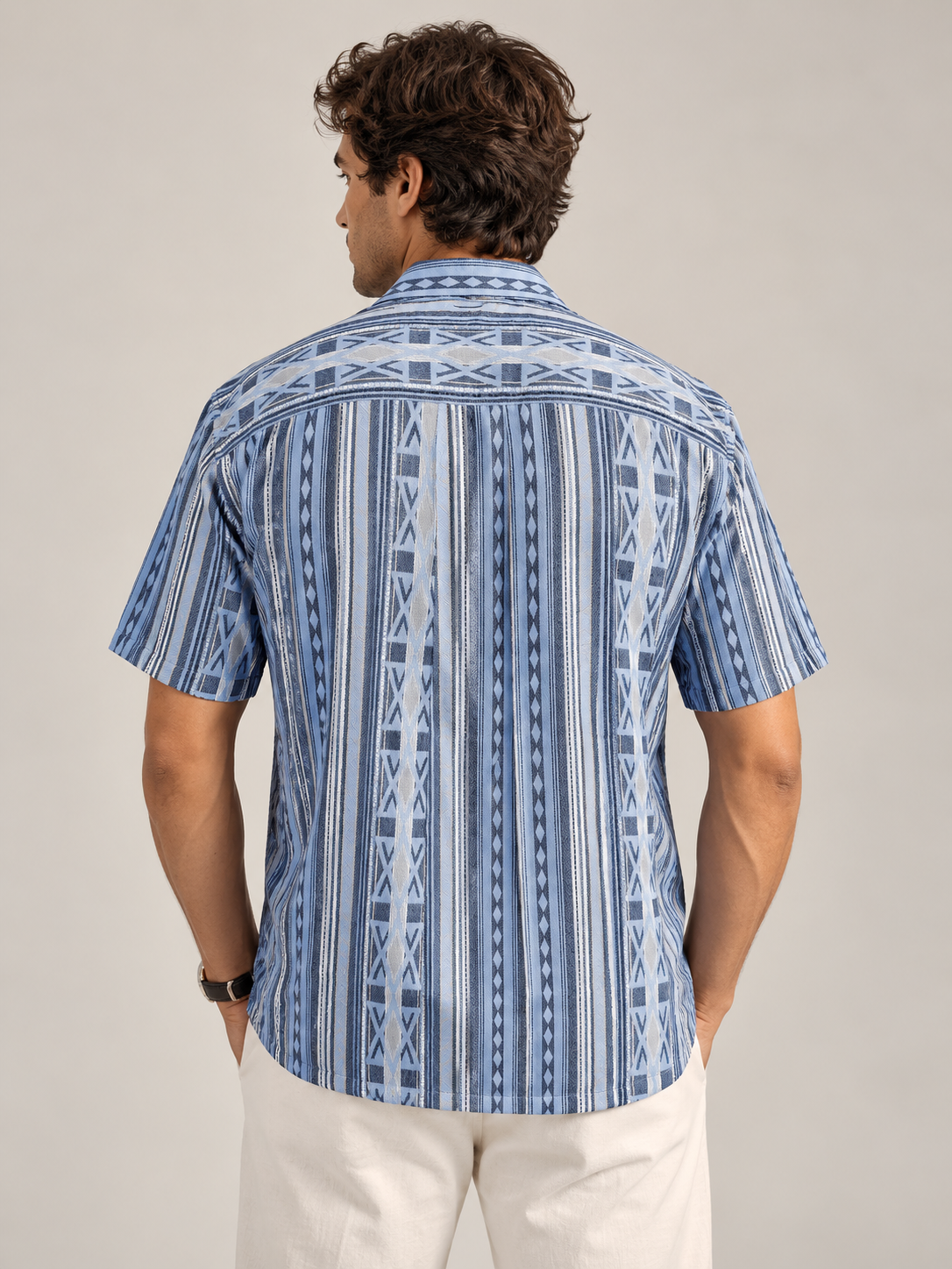 Men Blue Asymmetric Stripe Cuban Collar Shirt