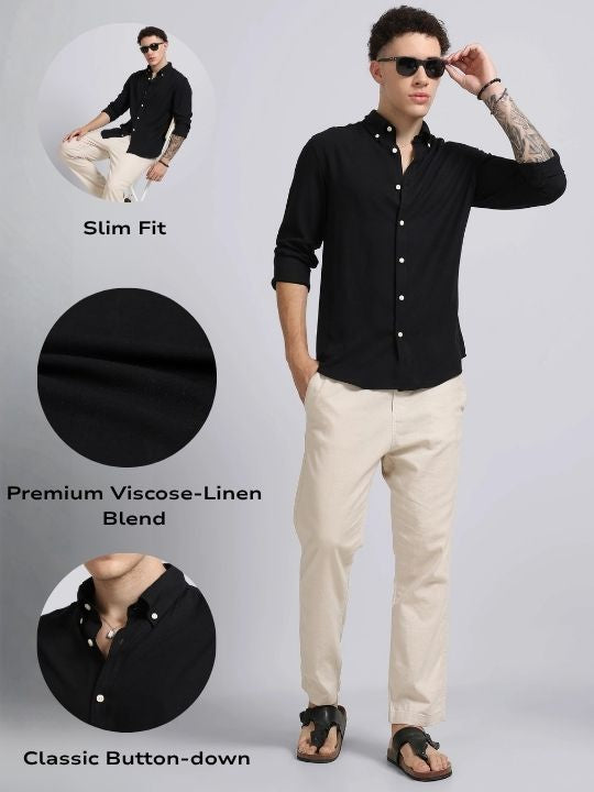 Men Black Viscose Linen Shirt