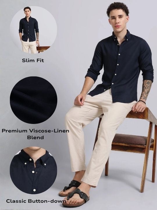 Men Navy Viscose Linen Shirt