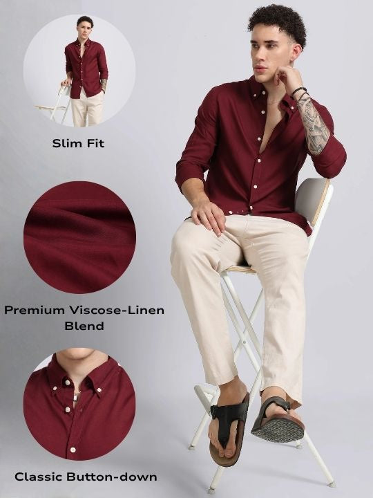 Men Maroon Viscose Linen Shirt