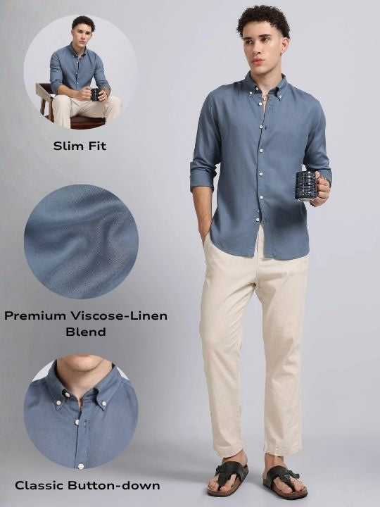 Men Blue Viscose Linen Shirt