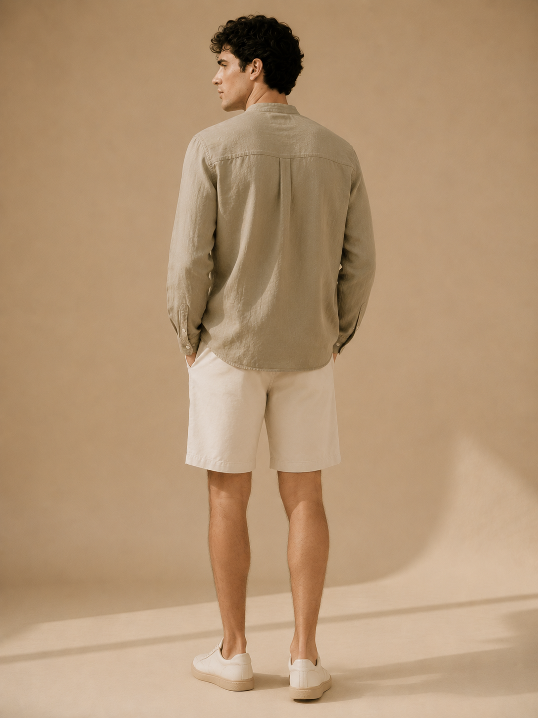 Men Khaki Linen Band Collar Shirt