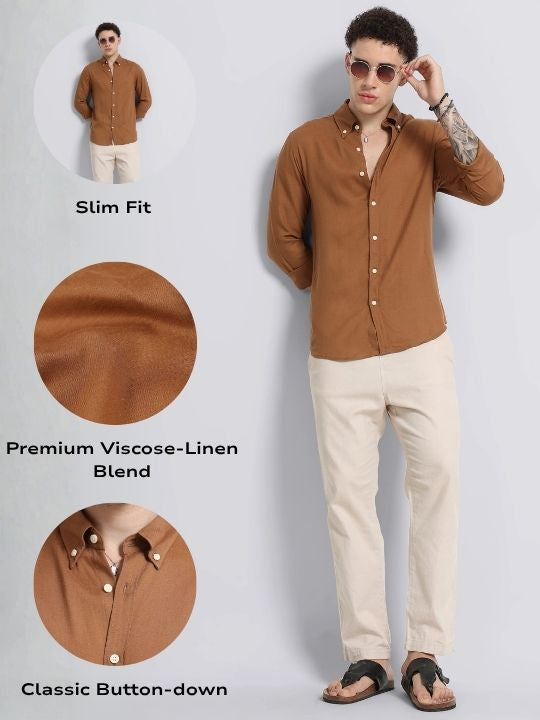 Men Brown Viscose Linen Shirt