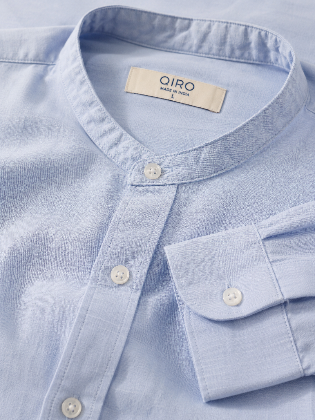 Men Light Blue Linen Band Collar Shirt