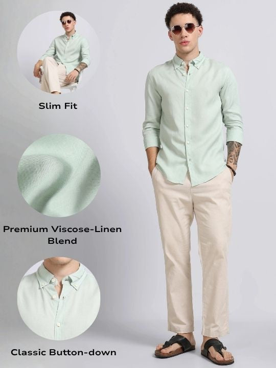 Men Green Viscose Linen Shirt