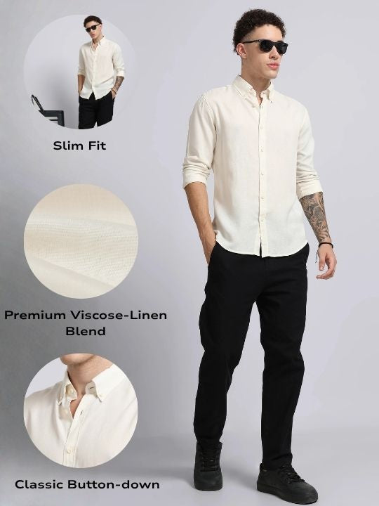 Men Off White Viscose Linen Shirt