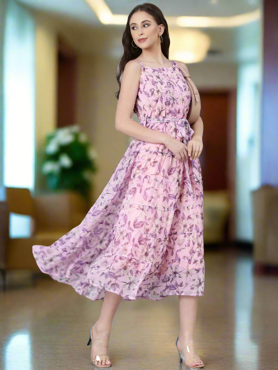 Women Mauve Floral Chiffon Dress
