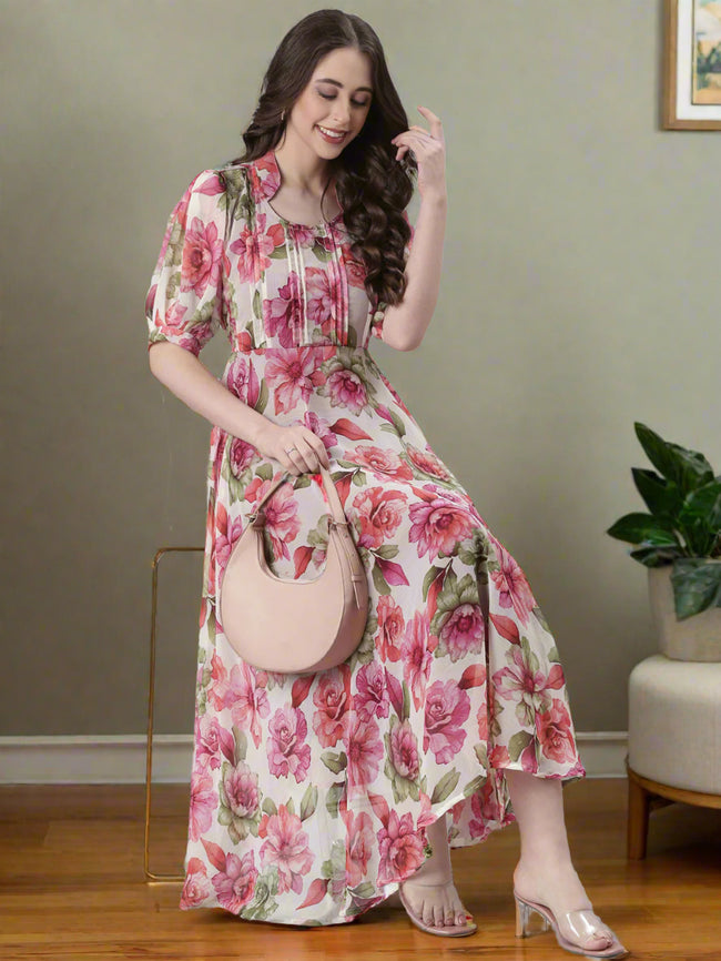 Women Cream Floral Chiffon Dress