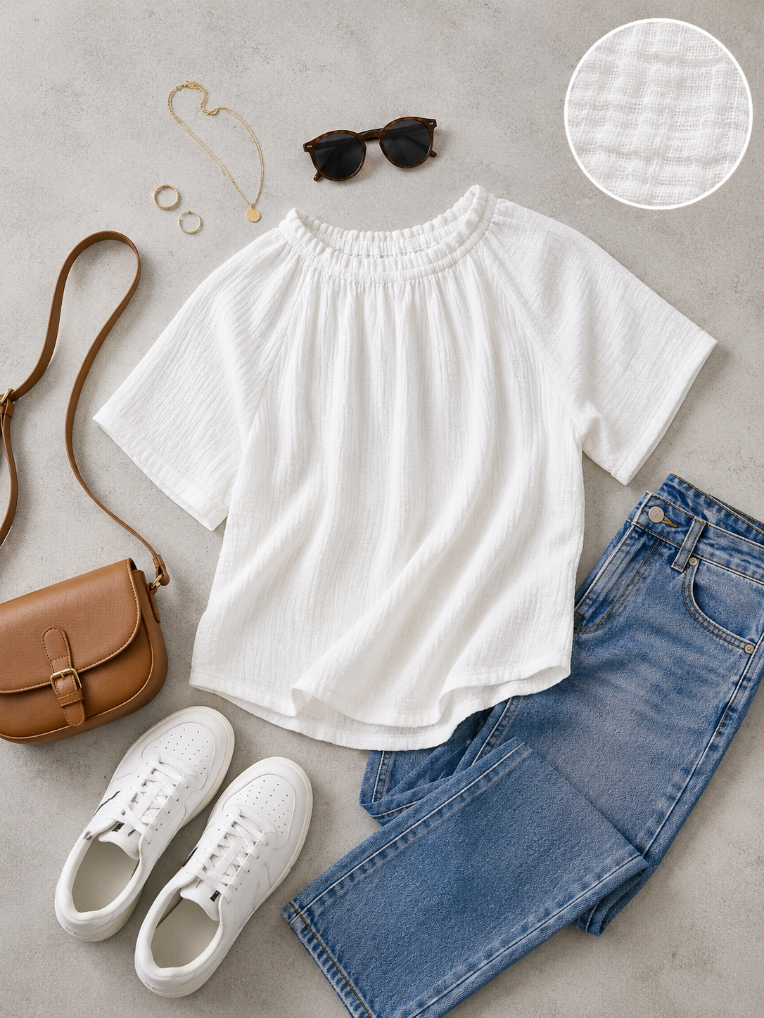 Women White Gathered Neck Top