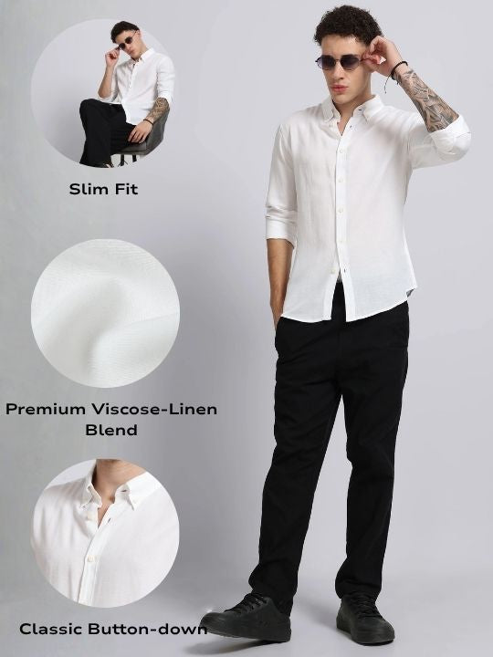 Men White Viscose Linen Shirt