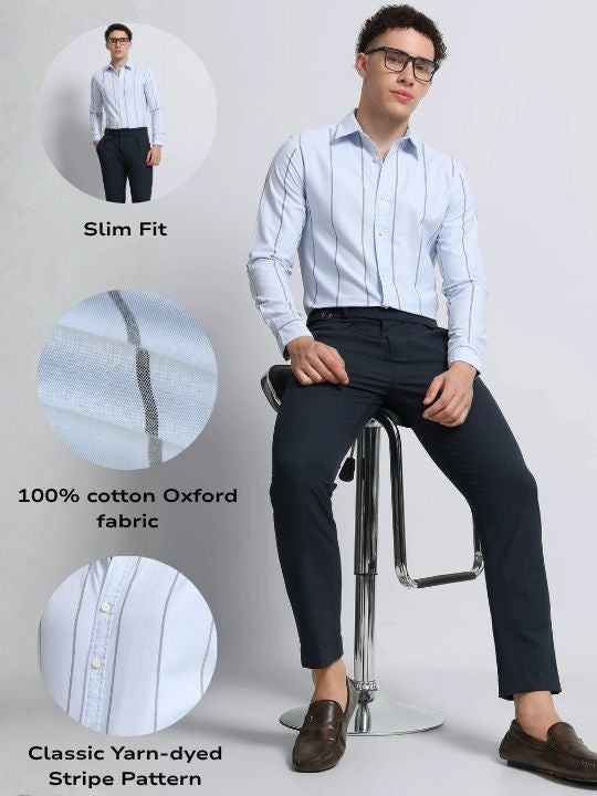 Men Blue Classic Striped Cotton Shirt
