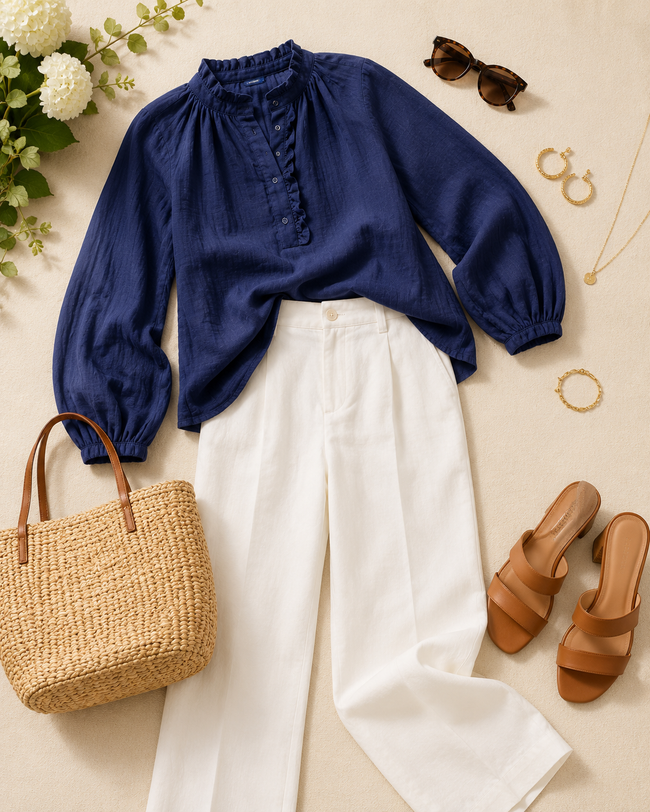 Women Navy Frilled Double Gauze Top