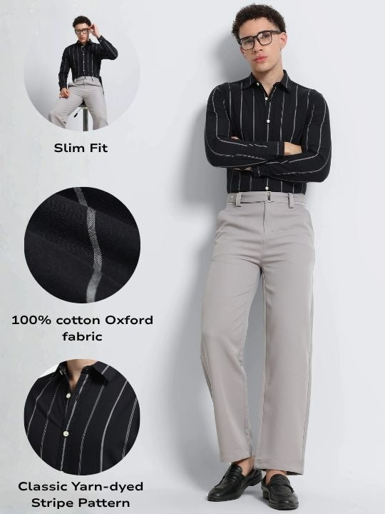 Men Black Classic Striped Cotton Shirt