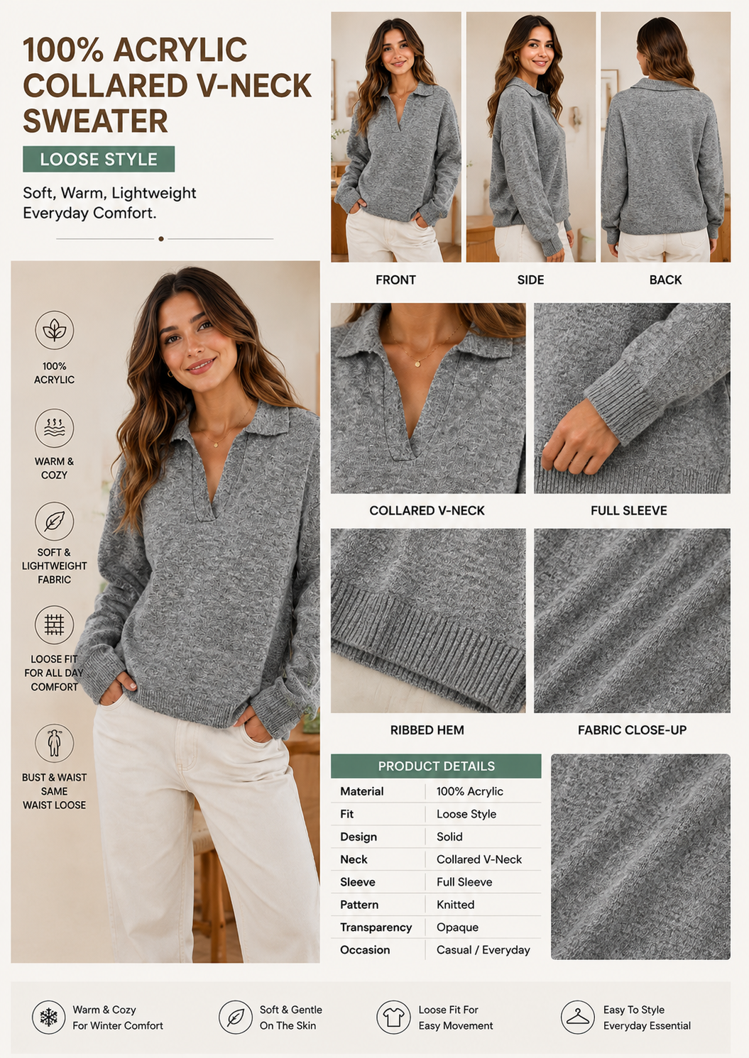 Women Grey Acrylic Sweater