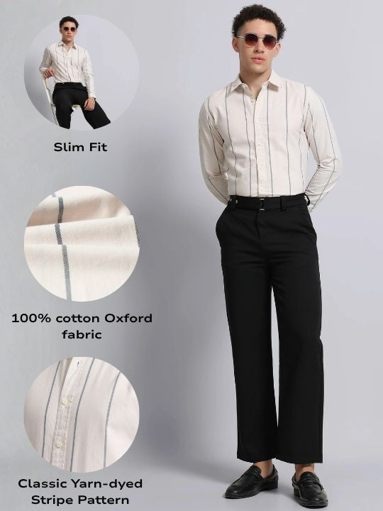 Men Cream Classic Striped Cotton Shirt