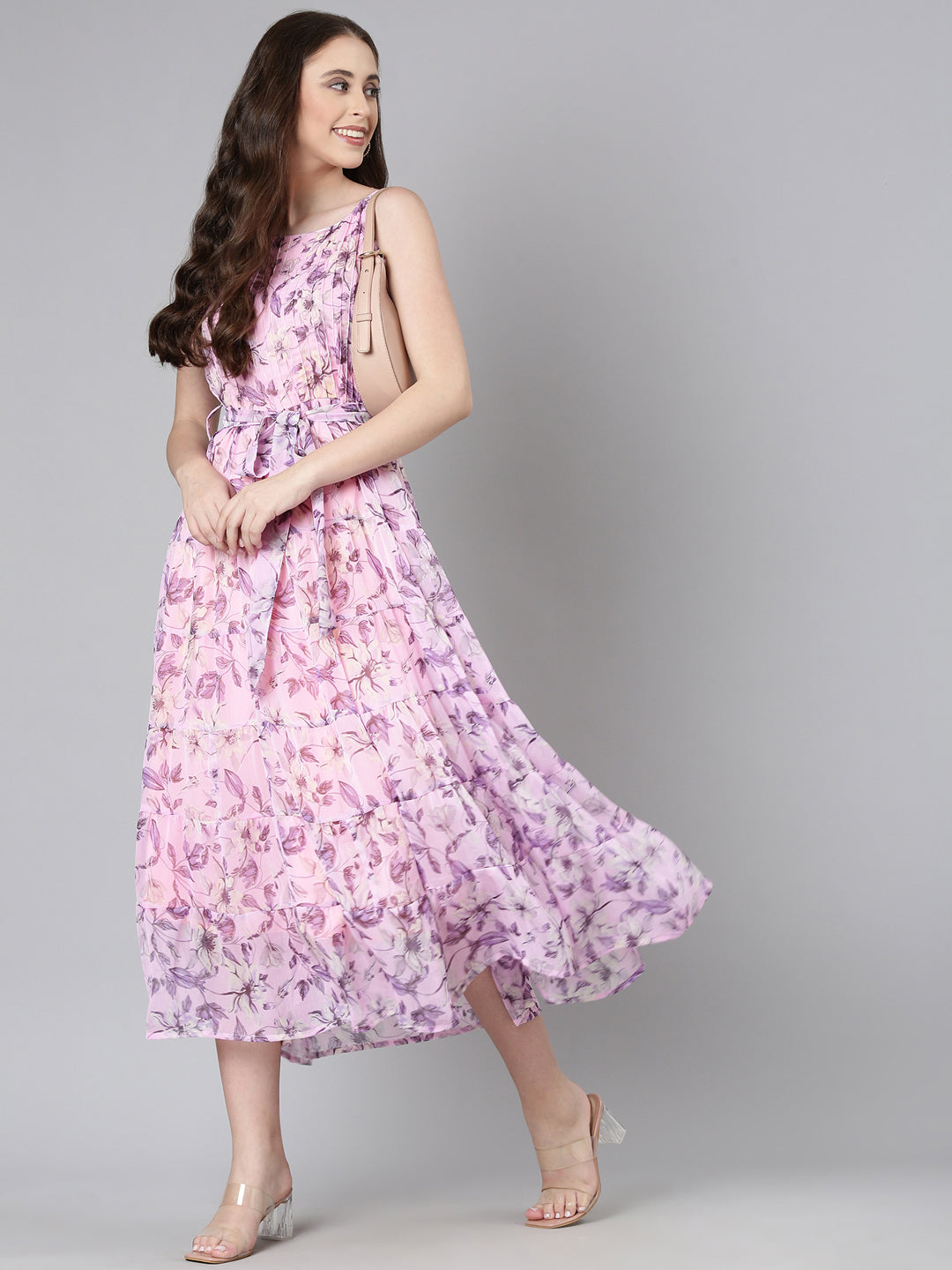 Women Mauve Floral Chiffon Dress