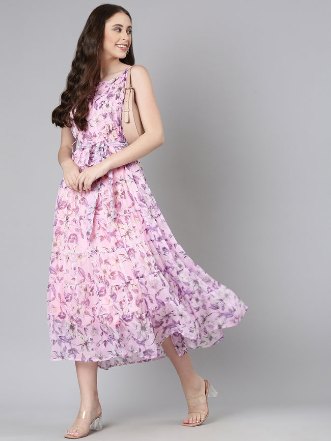 Women Mauve Floral Chiffon Dress
