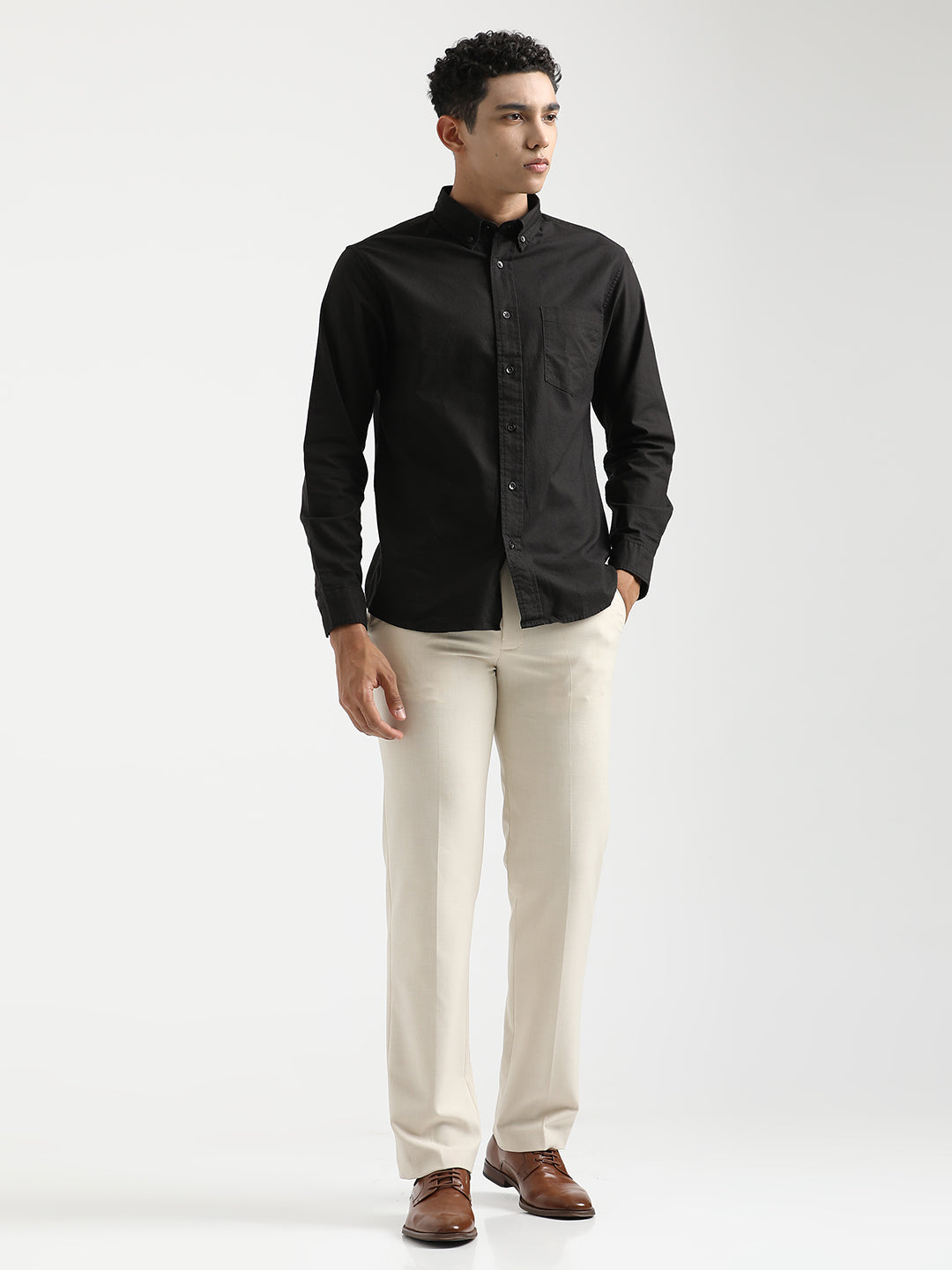 Men Oxford Cotton Shirt with Button-Down Collar