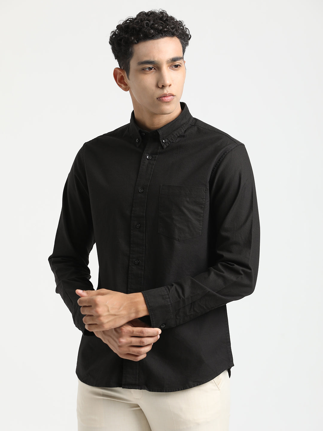 Men Oxford Cotton Shirt with Button-Down Collar