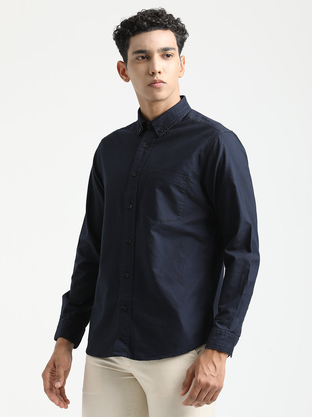 Men Oxford Cotton Shirt with Button-Down Collar