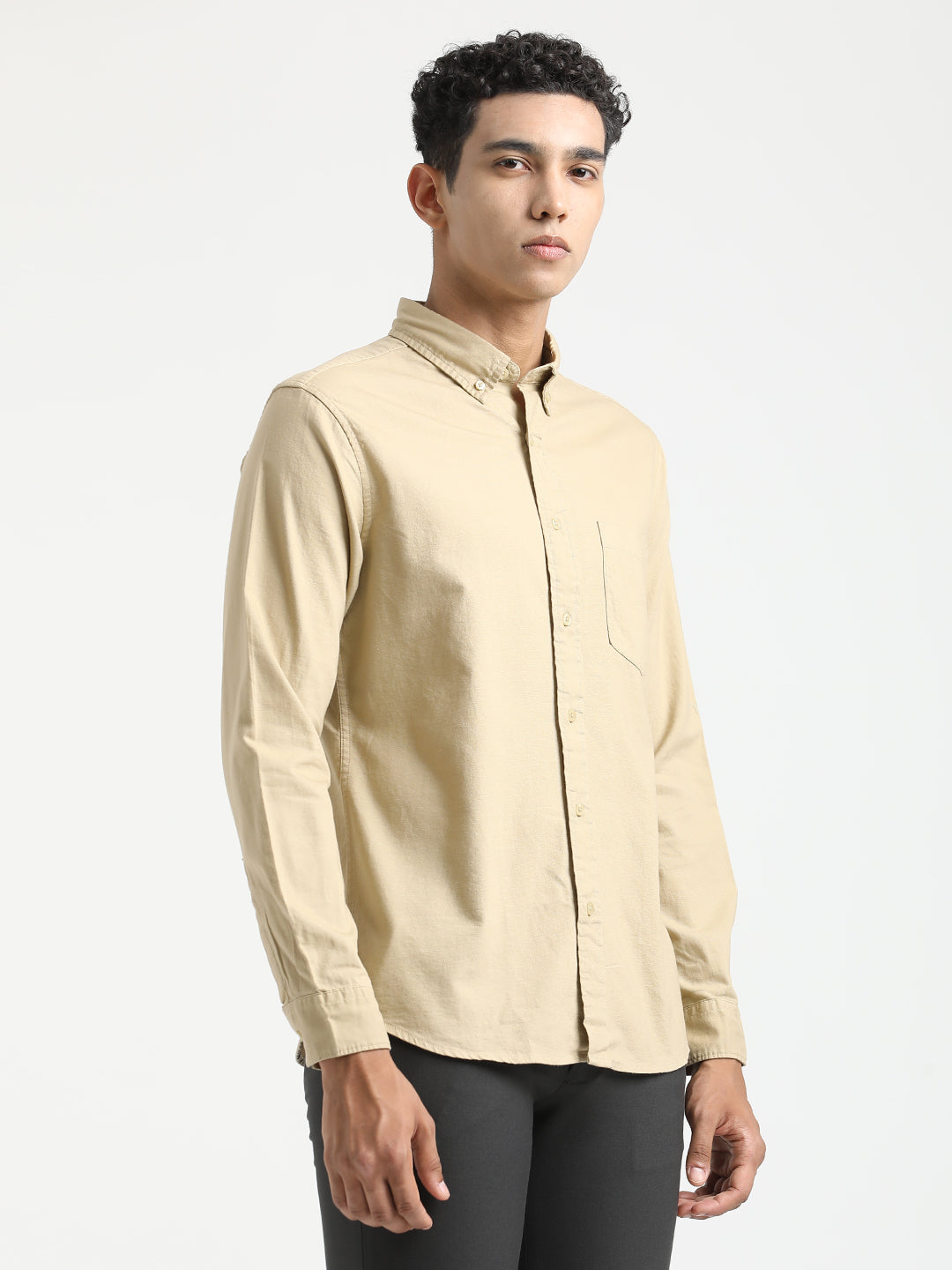 Men Oxford Cotton Shirt with Button-Down Collar