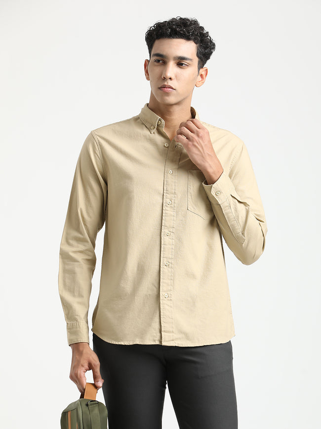 Men Oxford Cotton Shirt with Button-Down Collar