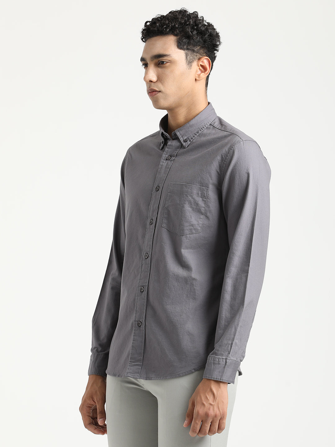 Men Oxford Cotton Shirt with Button-Down Collar