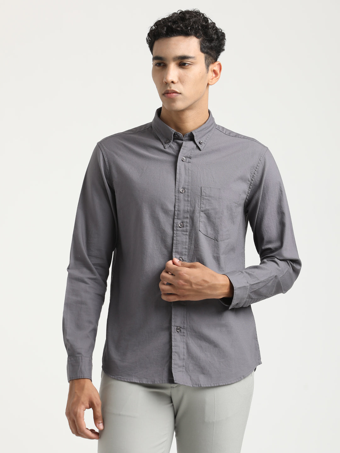 Men Oxford Cotton Shirt with Button-Down Collar
