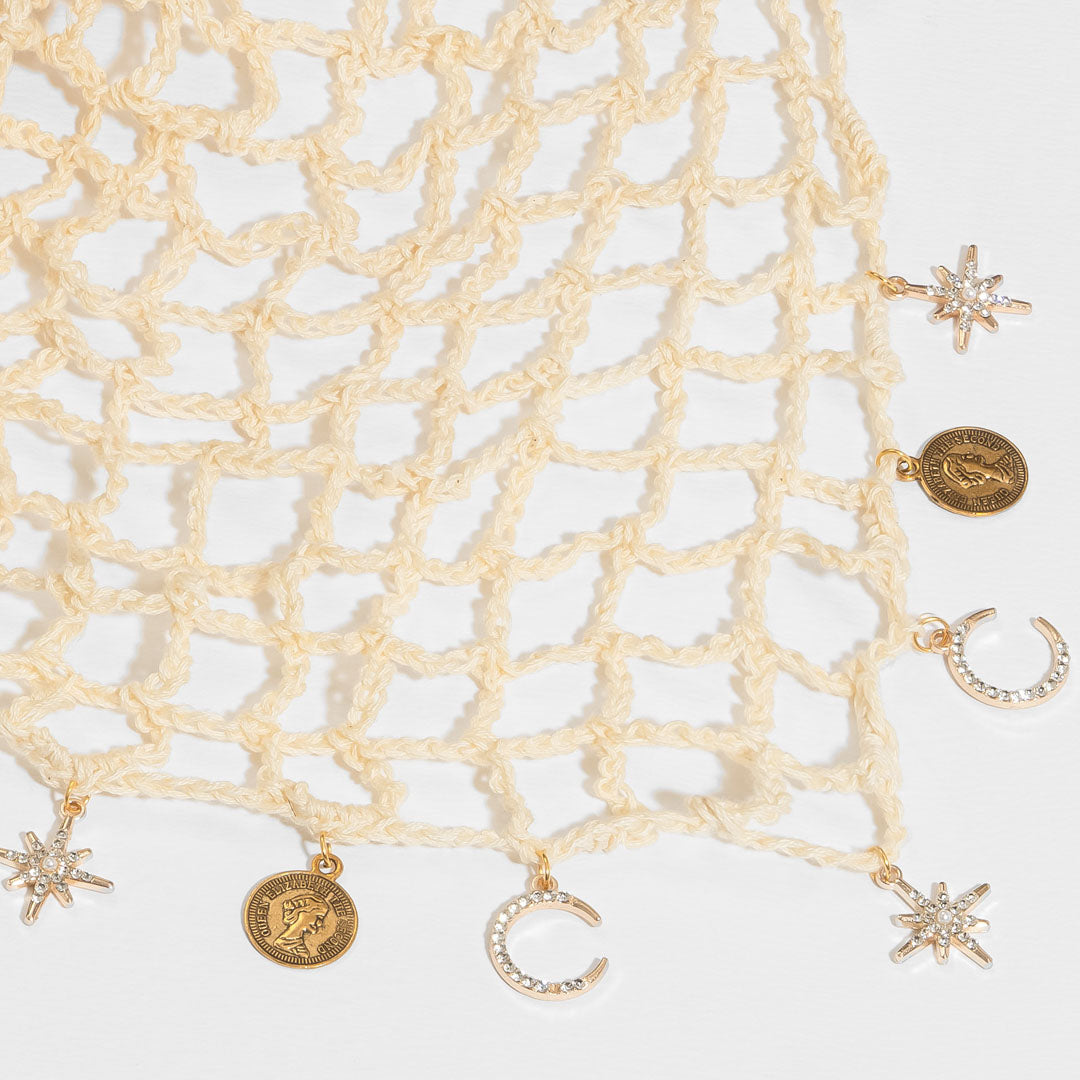 Off-white Bohemian Crochet Headscarf with Celestial Charms