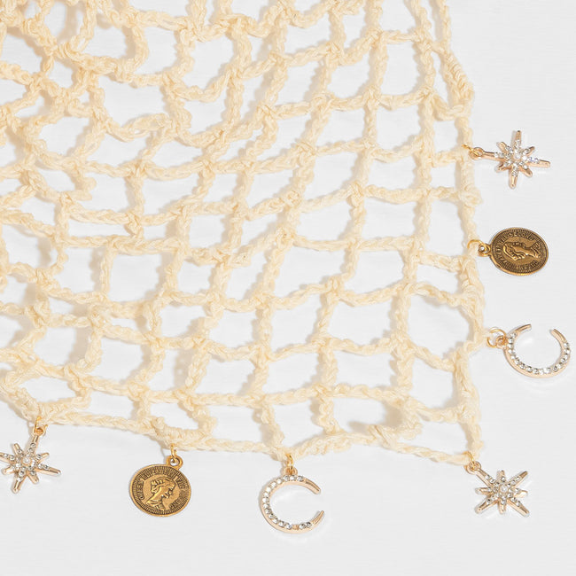 Off-white Bohemian Crochet Headscarf with Celestial Charms