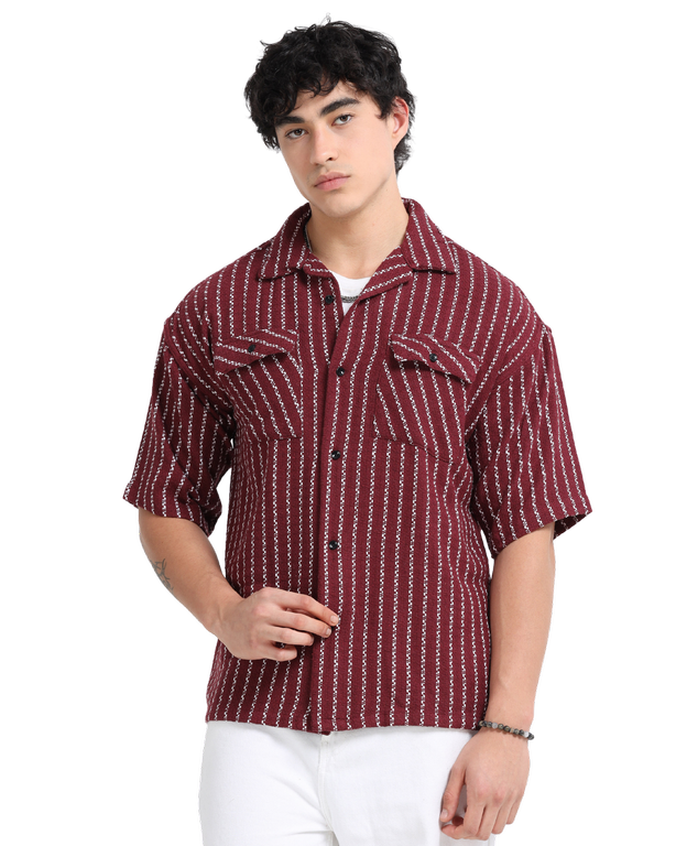Men Striped Short Sleeve Casual Drop Shoulder Shirt