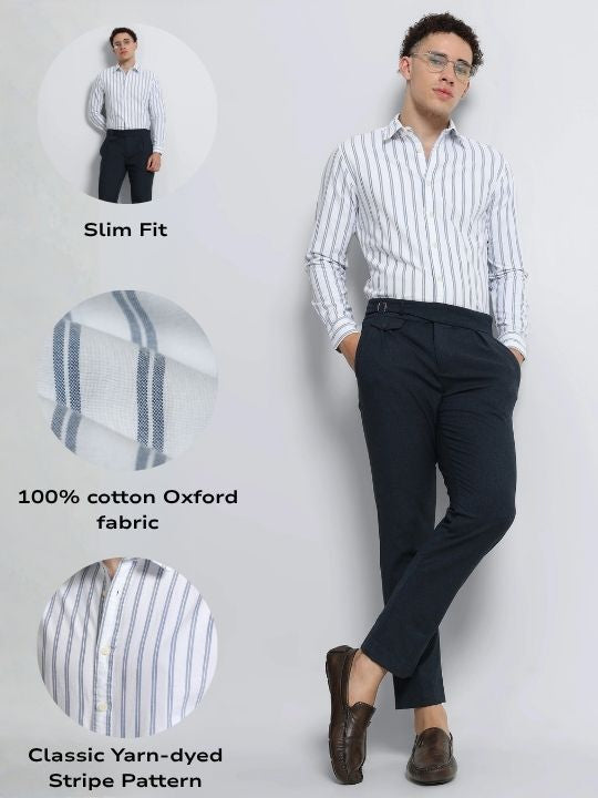 Men Blue Classic Striped Cotton Shirt