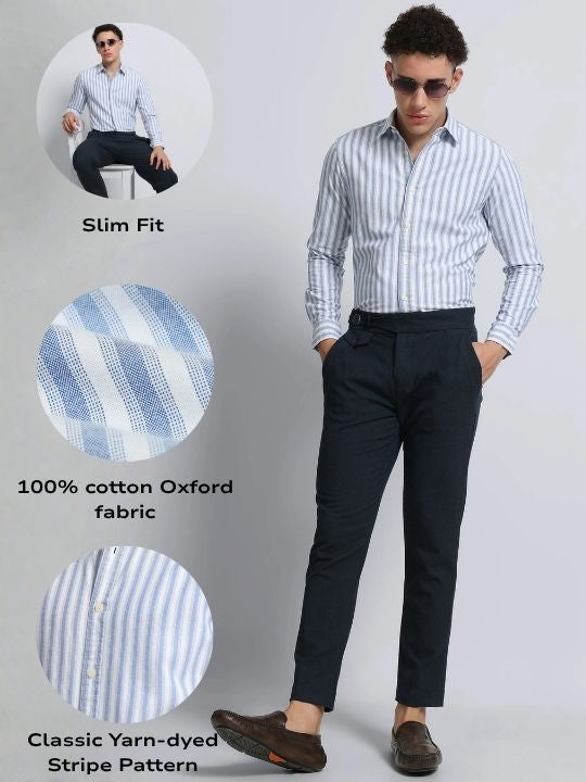 Men Blue Classic Striped Cotton Shirt