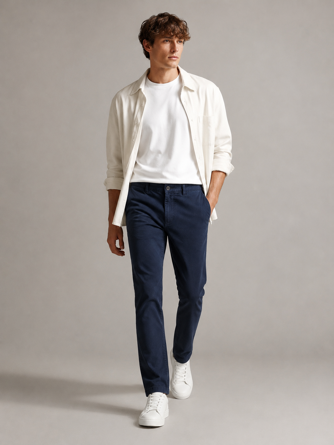 Men Navy Cotton Stretch Chino Trousers