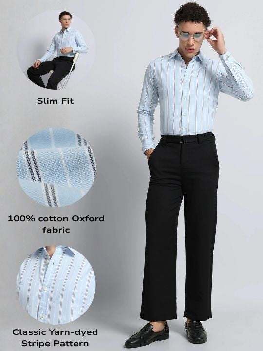 Men Blue Classic Striped Cotton Shirt