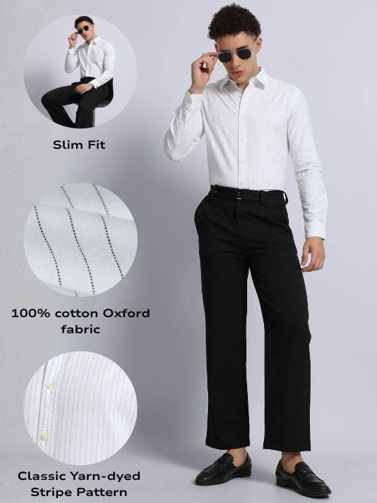 Men Off White Striped Cotton Shirt
