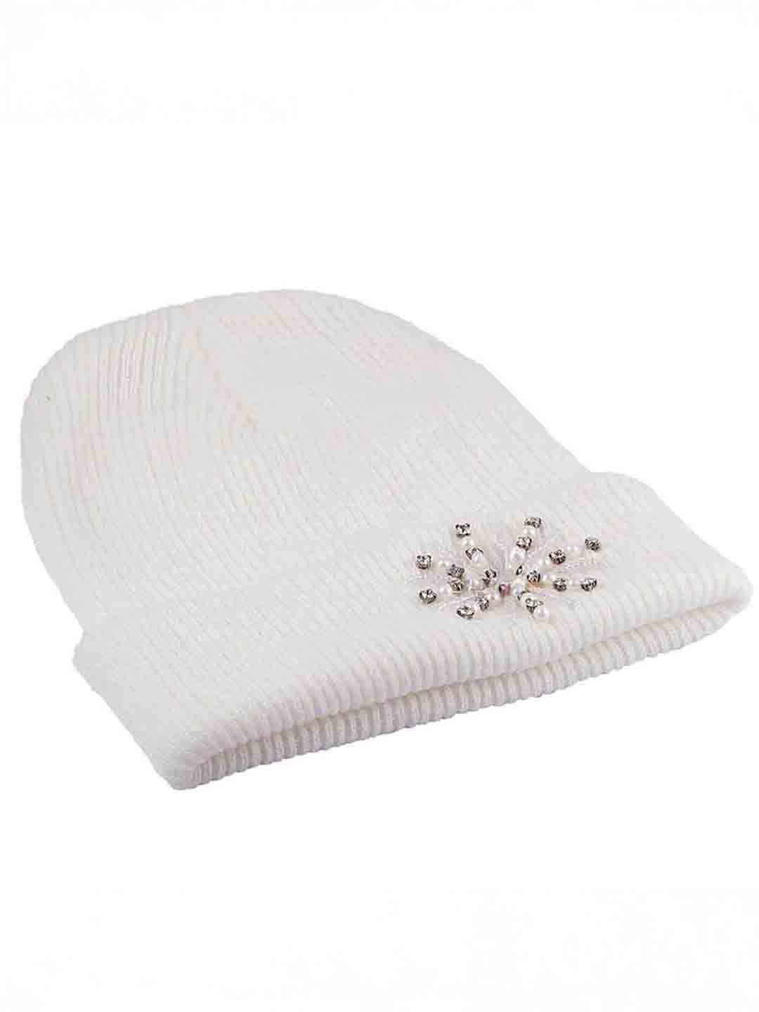 White Beanie with Pearls & Crystals