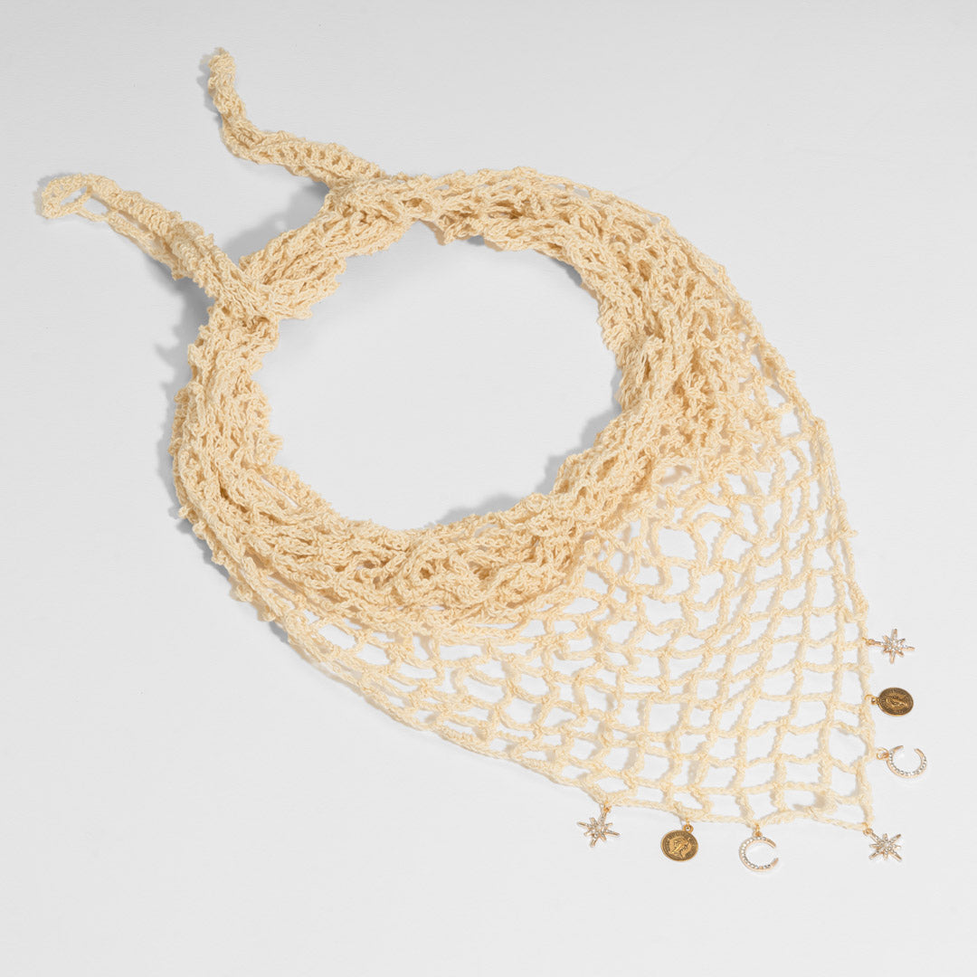 Off-white Bohemian Crochet Headscarf with Celestial Charms