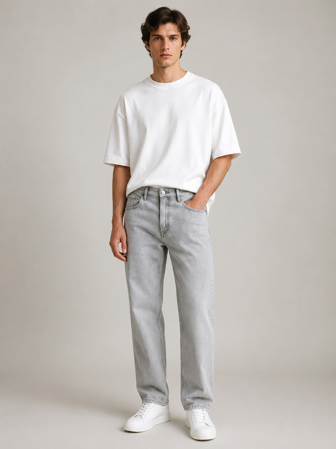 Men Light Grey Wide Leg Baggy Jeans